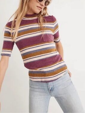 Madewell Mock Neck Shirt Tail Tee in Stripe Short Sleeve Knit Top Sz M